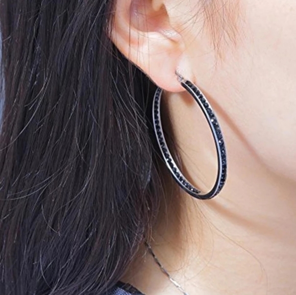 Sterling Silver 2" Black Spinel Hoops - Picture 12 of 12
